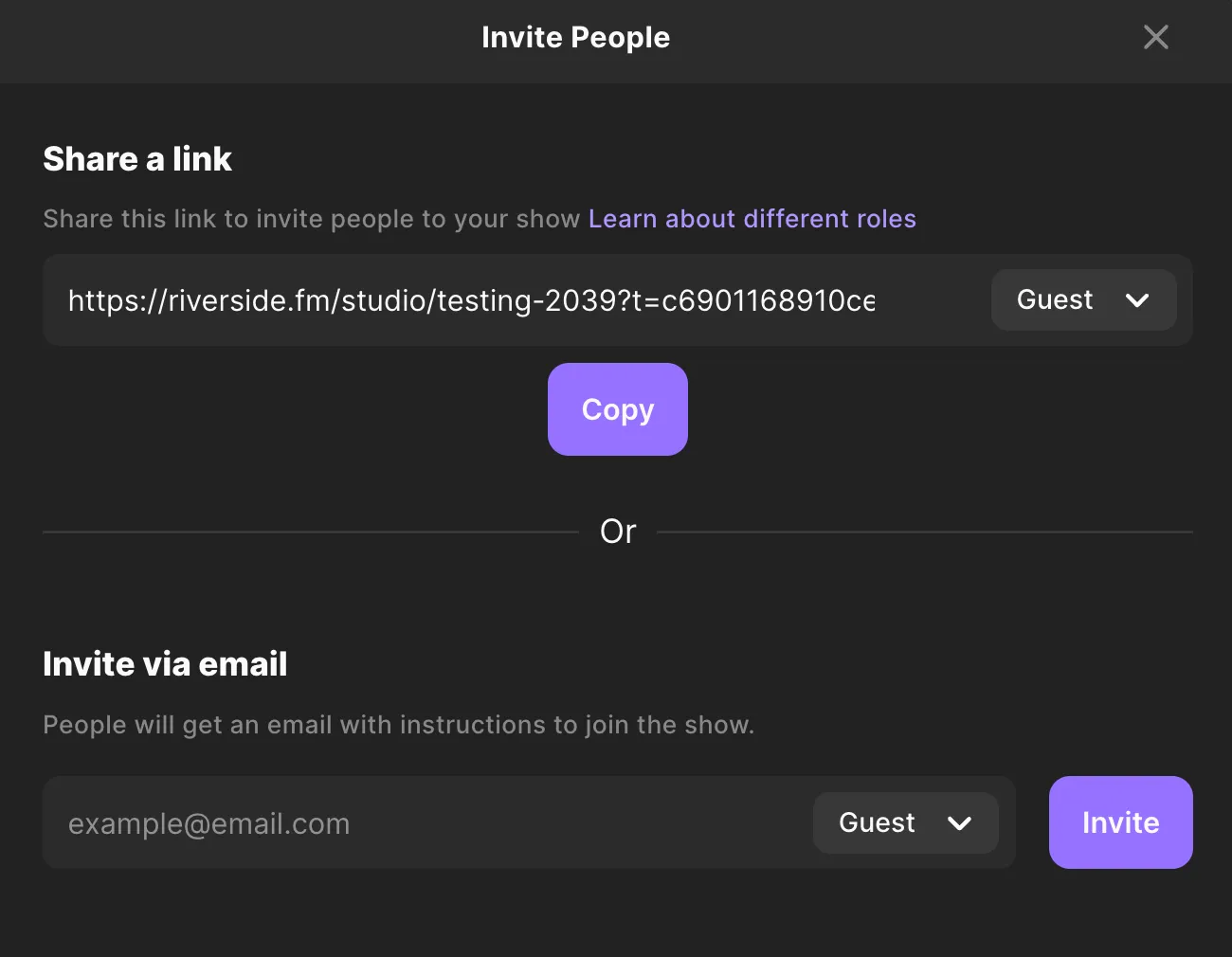 Inviting team members to a recording on Riverside