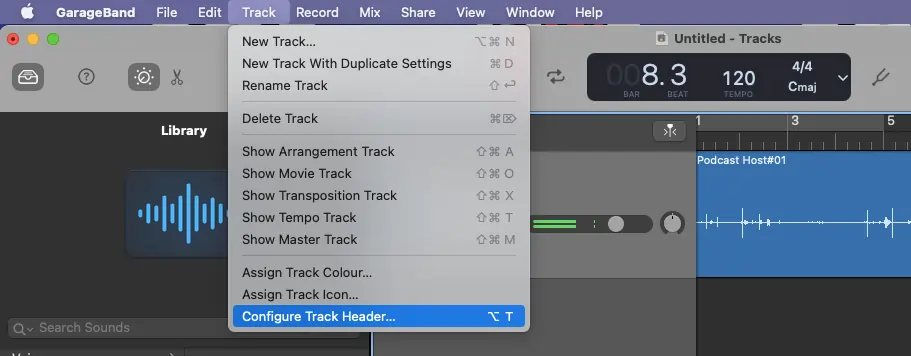 Configuring a track header on a podcast recording on Garageband