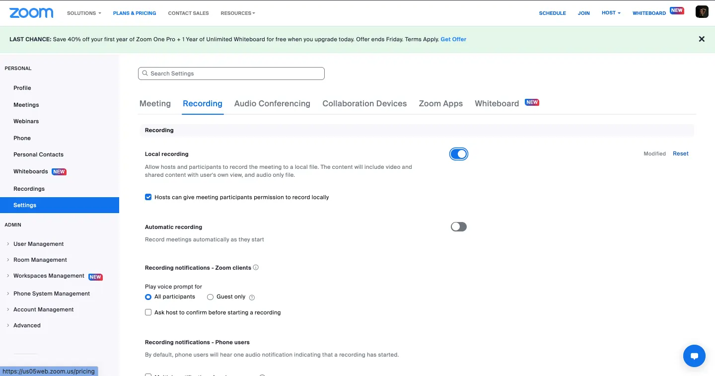 Turning on Zoom local recording