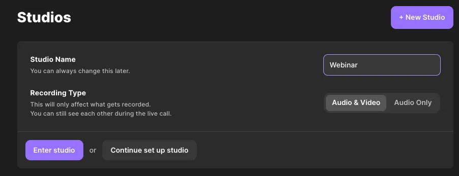 Adding a new recording webinar studio on Riverside
