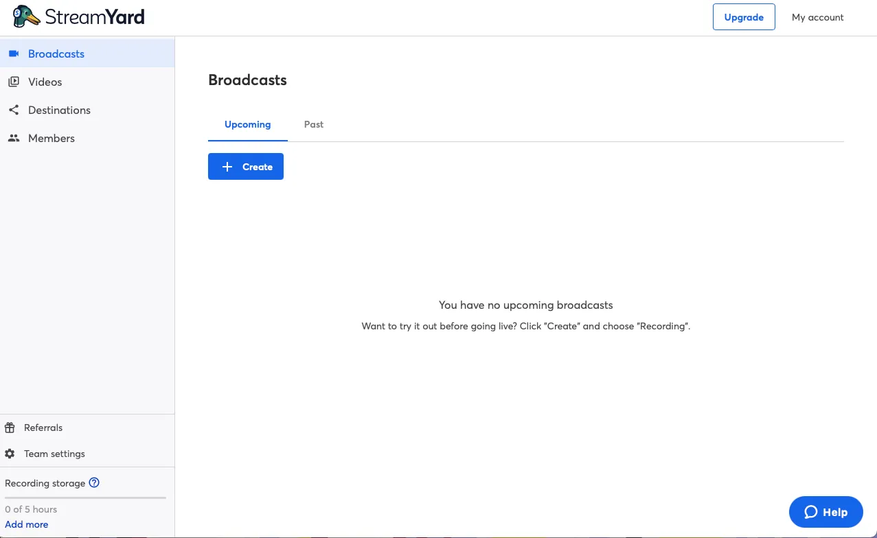 StreamYard studio dashboard