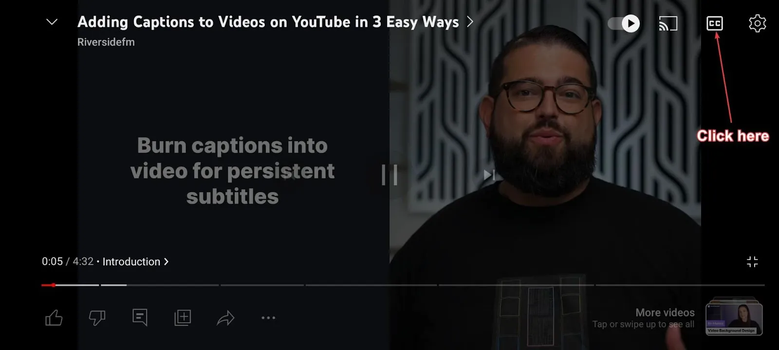 Turning on closed captions on YouTube from a phone