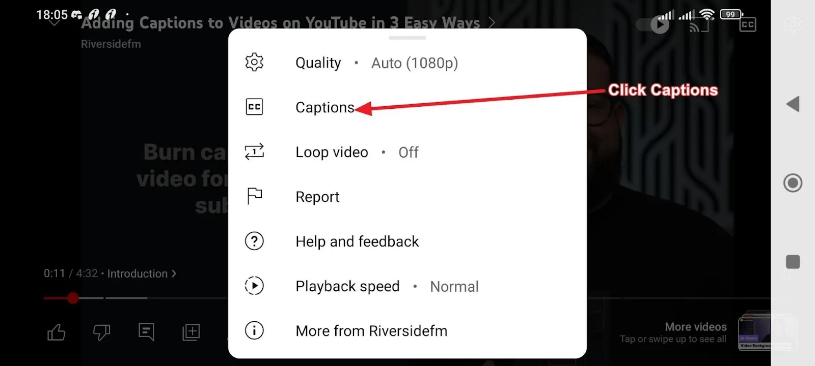 Changing the language of closed captions on YouTube from a mobile device