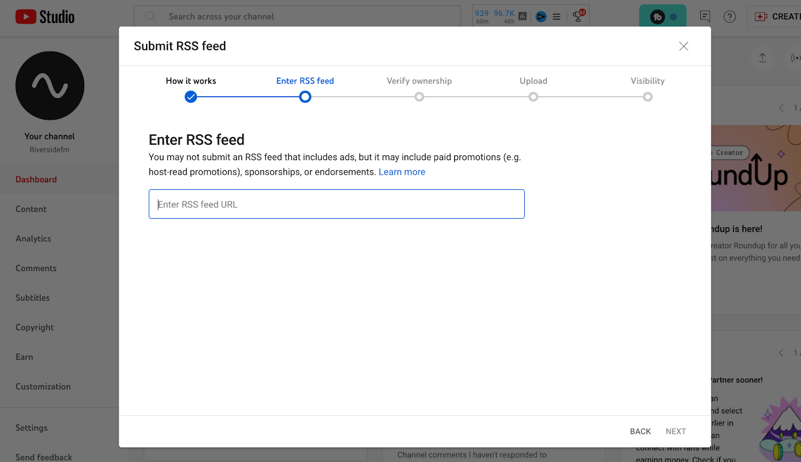 Submitting an RSS feed URL to publish a podcast on YouTube