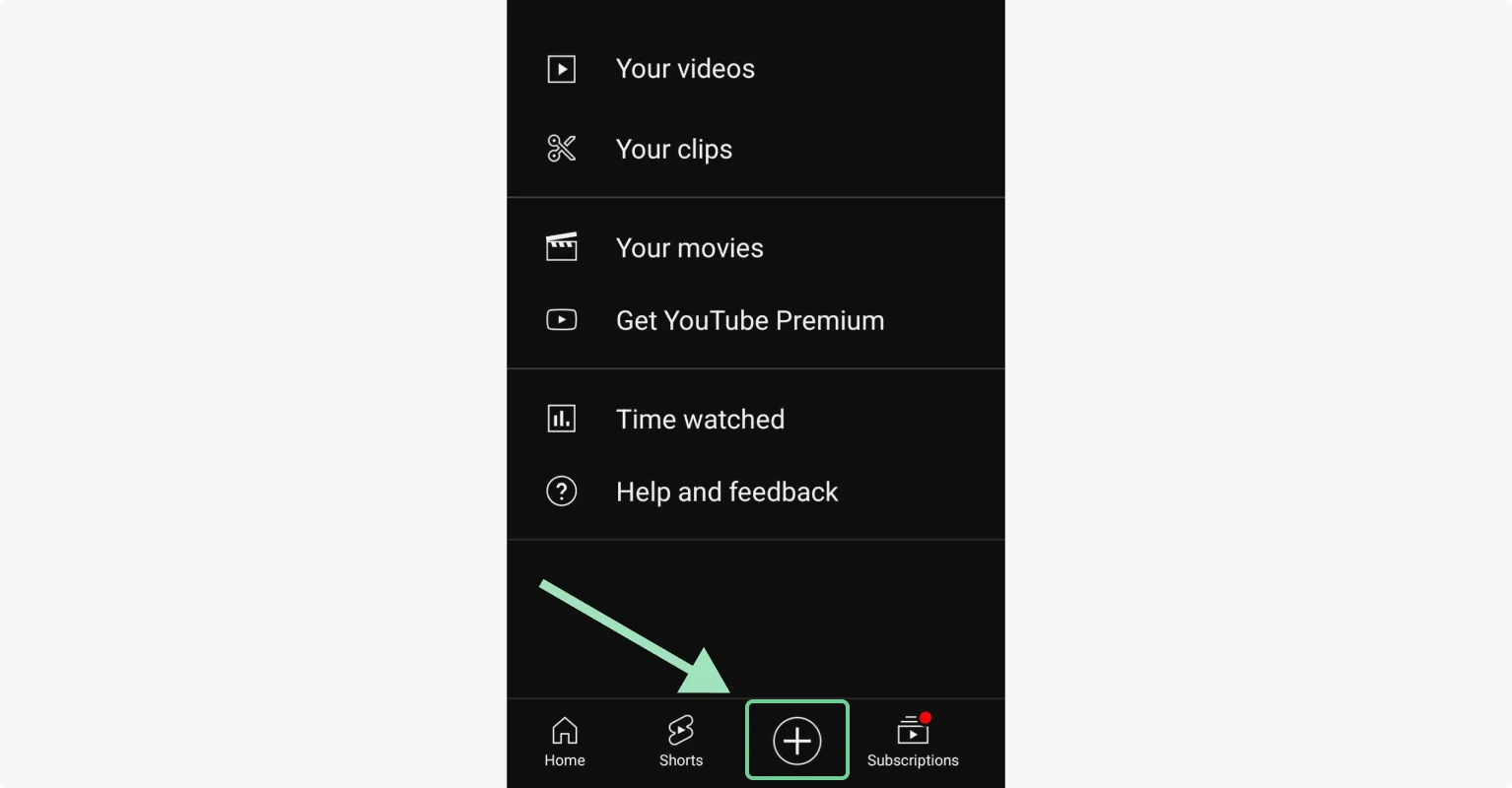 Pressing the plus icon on the Youtube app to go live