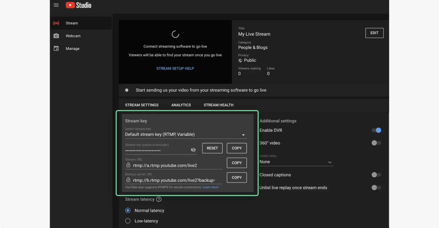 YouTube live stream key and URL