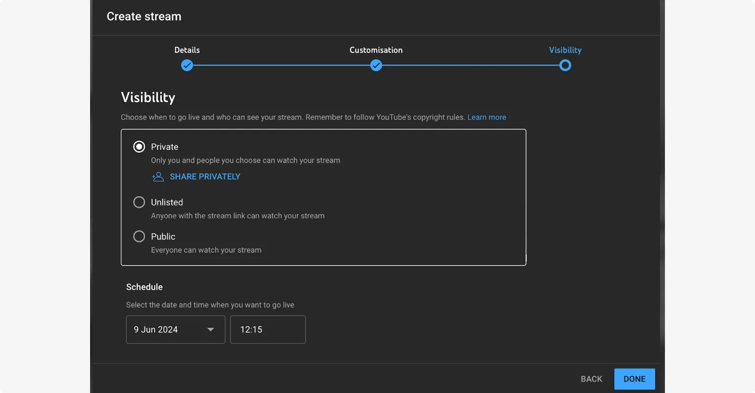 Setting visibility on a YouTube livestream