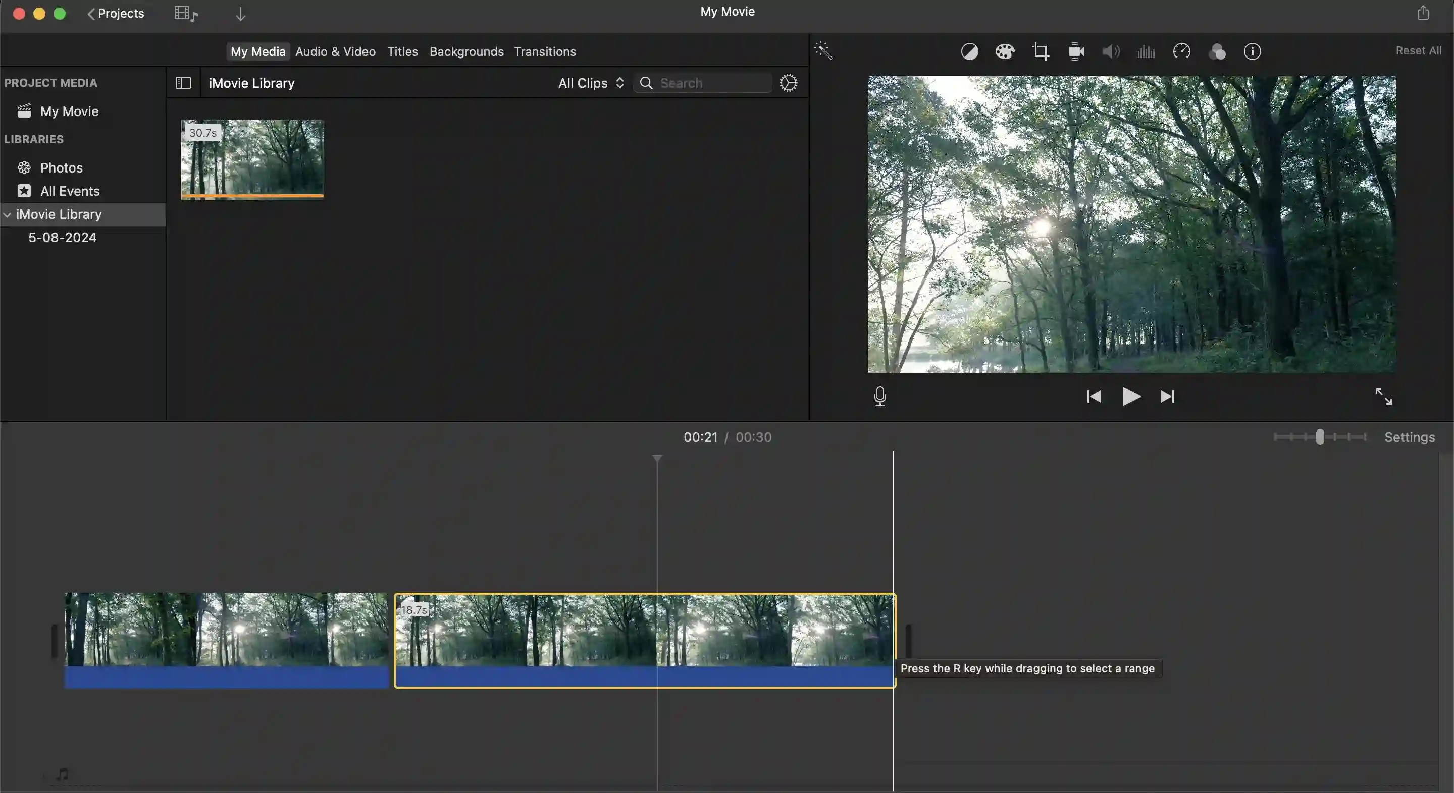 Trimming a video on Mac with iMovie