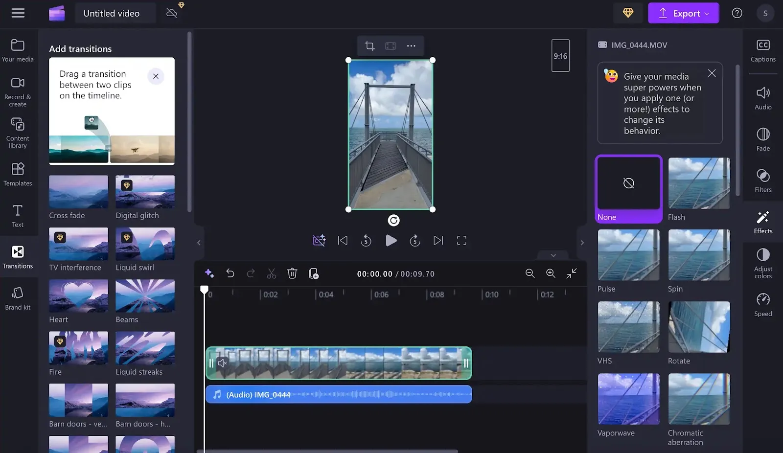 Adding transitions and effects to a video on Clipchamp