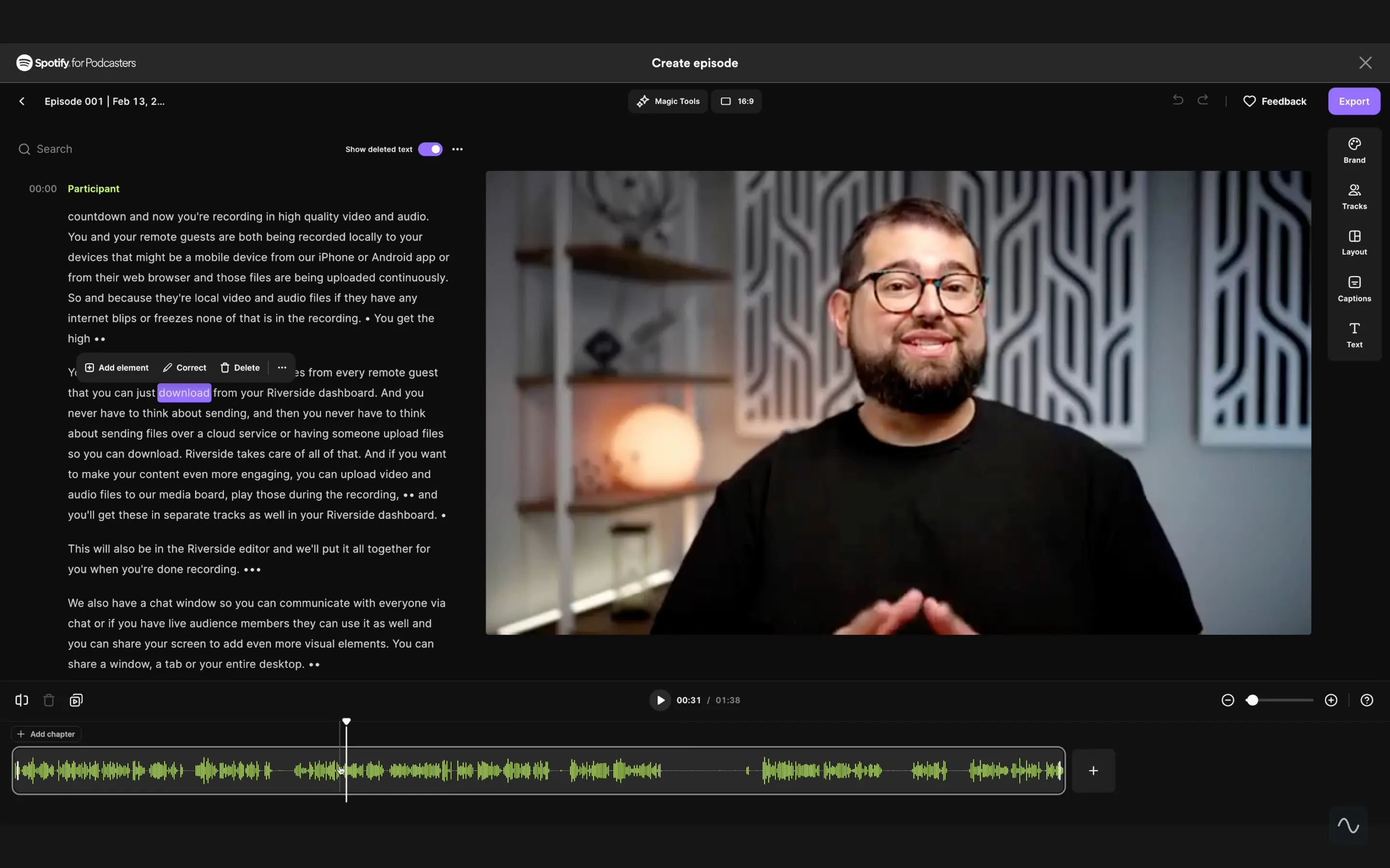 Editing a podcast on Riverside though Spotify for Podcasters
