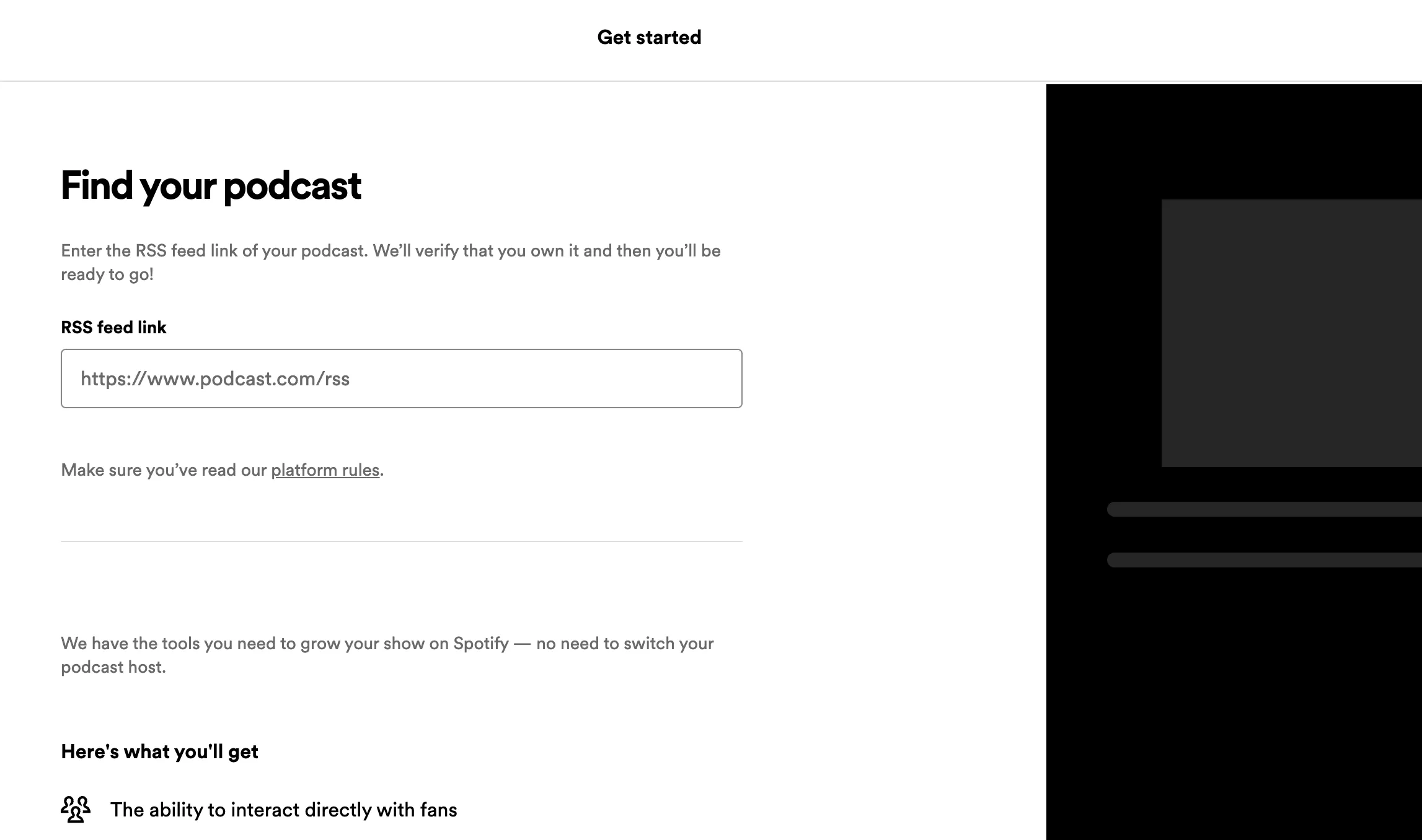 Entering an RSS feed for a podcast on Spotify