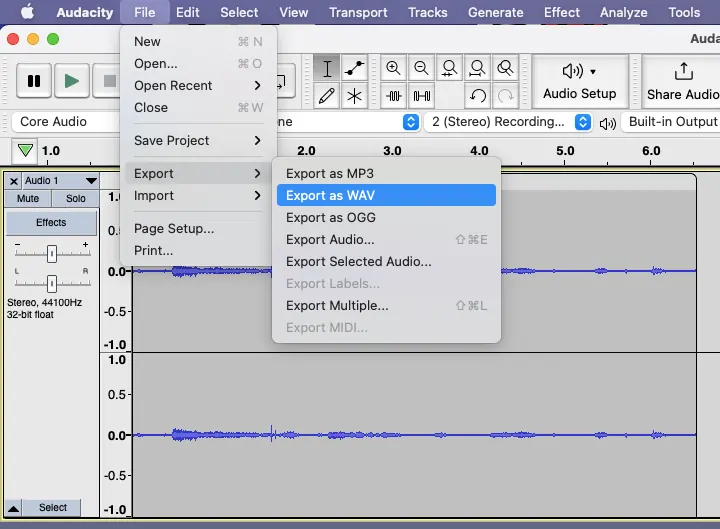 Exporting a podcast recording in WAV audio format