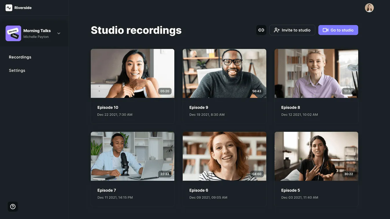 Riverside studio recordings dashboard with multiple podcast episode recordings.