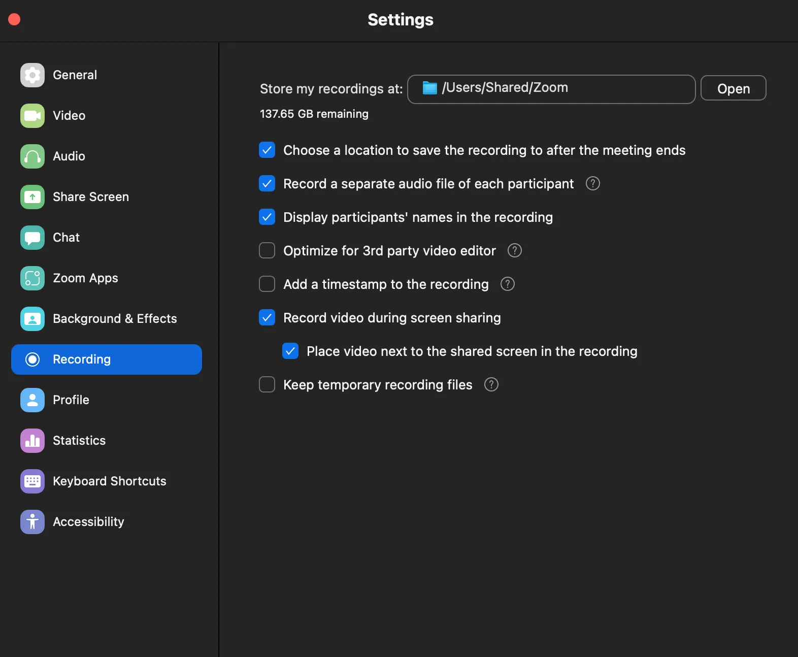 Recording settings and storage options on Zoom