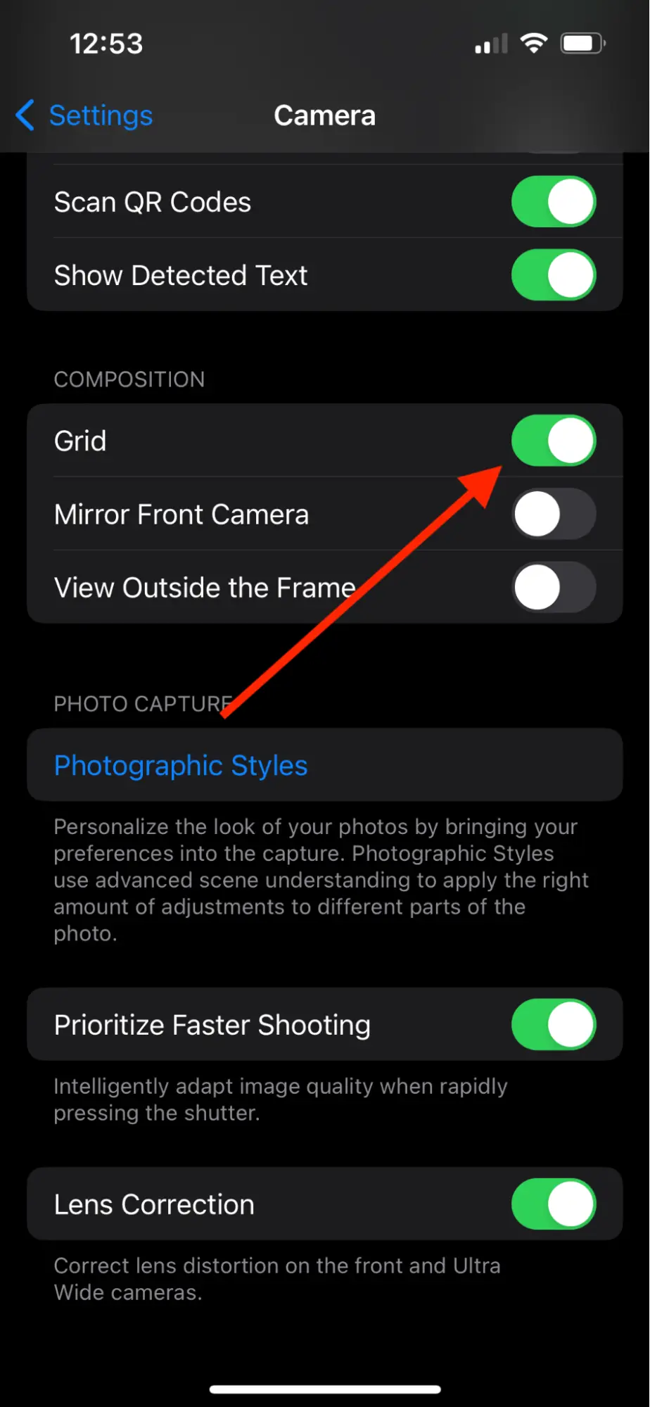 Turning on a Grid overlay for an iPhone video recording