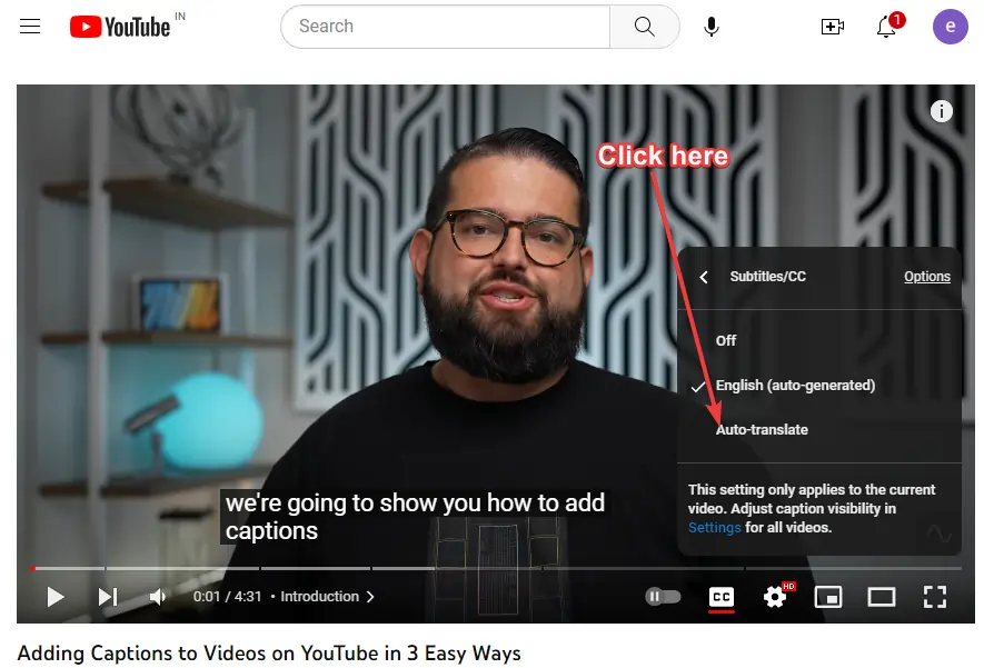 Turning on auto translations for closed captions on YouTube