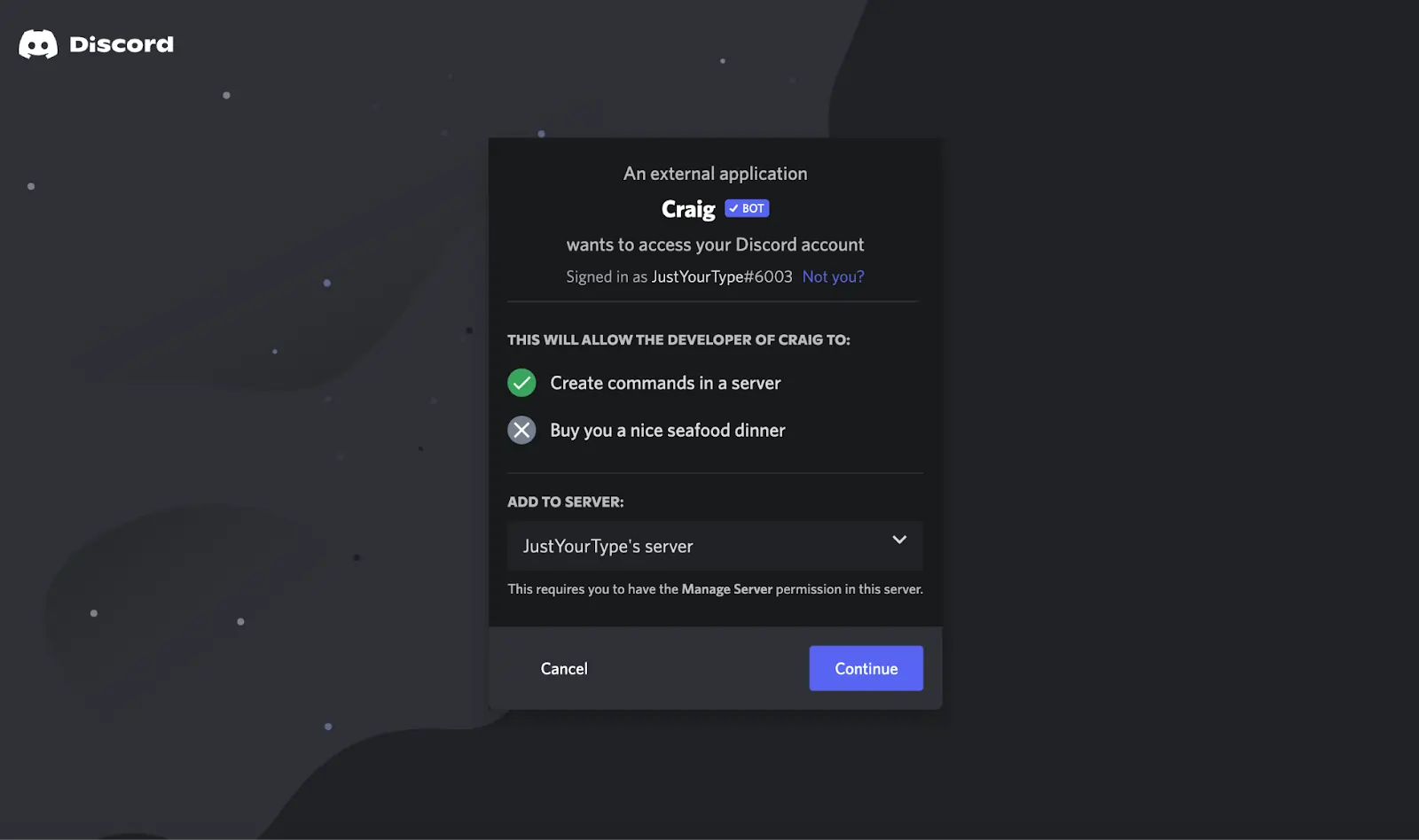 Choosing a Discord server to record audio on with Craig