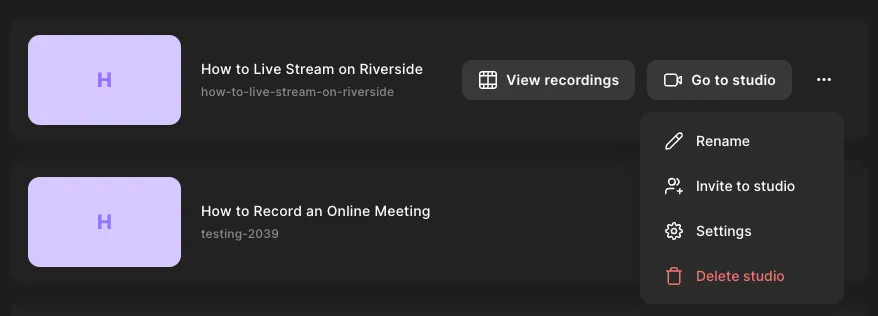 Getting to a studio's LinkedIn Live stream settings on Riverside