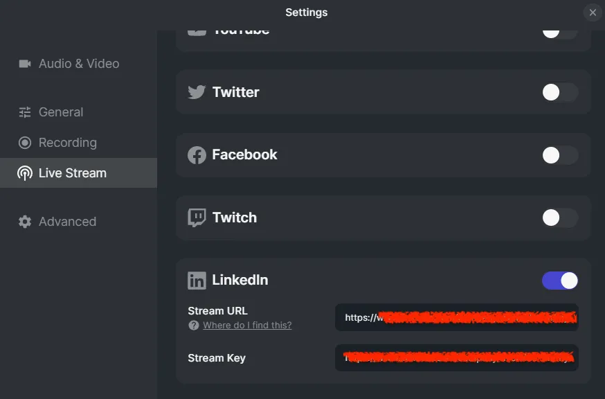 Adding in a LinkedIn Live stream key URL to Riverside