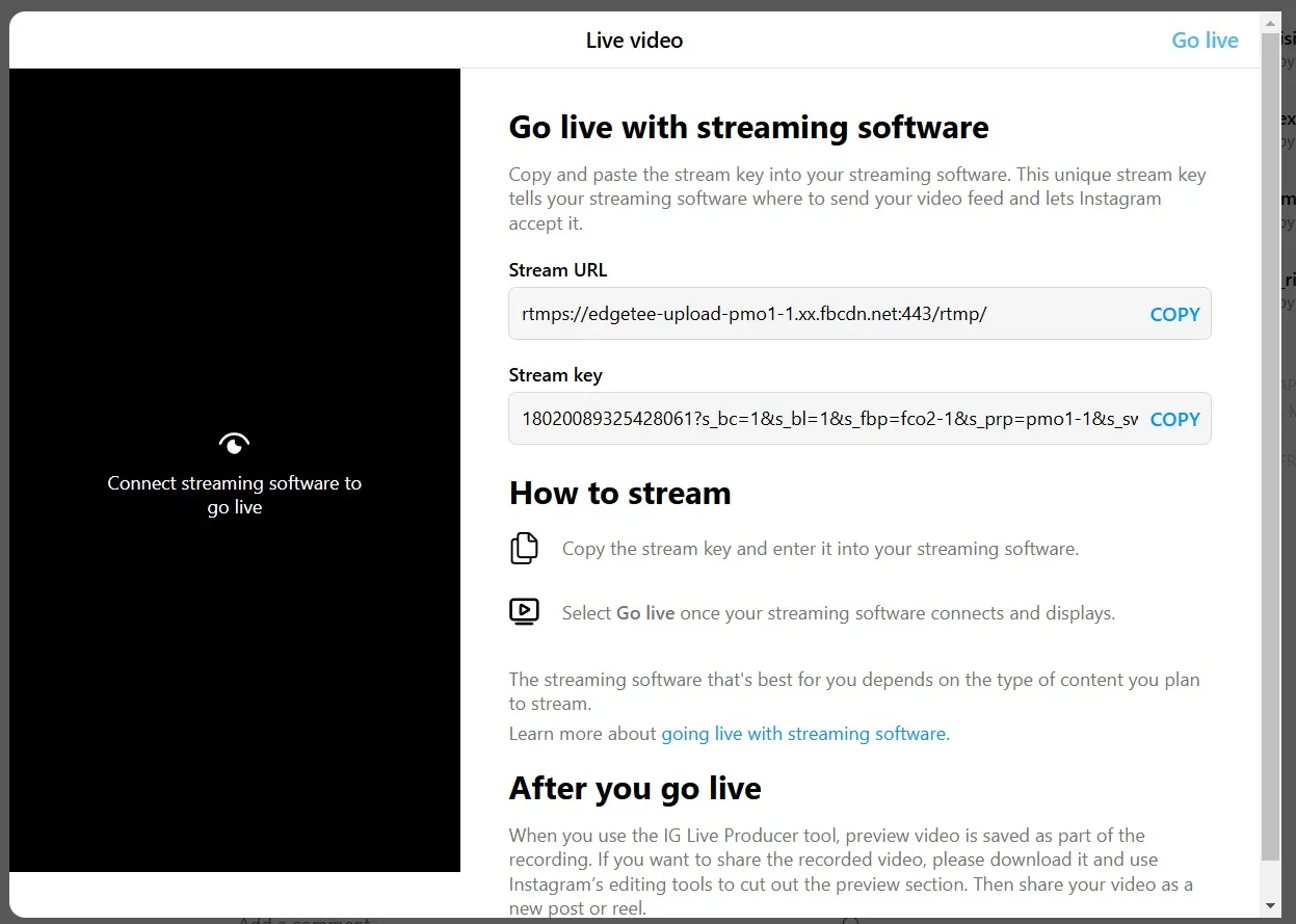 Getting your Instagram live Stream URL and Stream Key