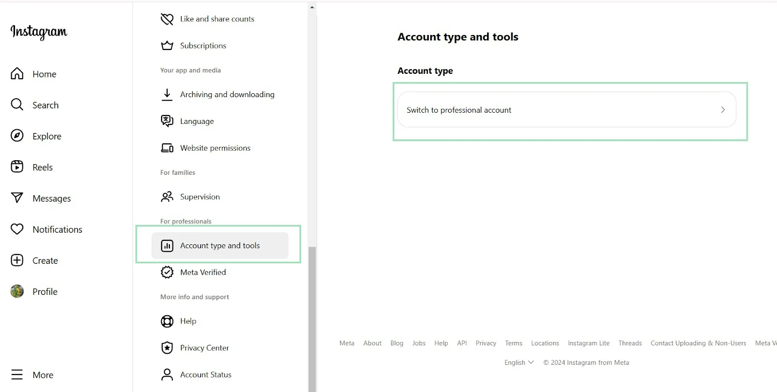 Changing your account to a Professional account on Instagram