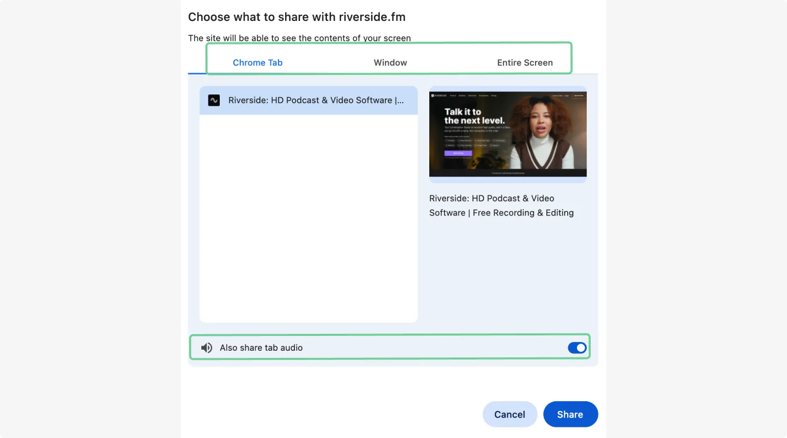 Selecting what to screen record on Chromebook using Riverside