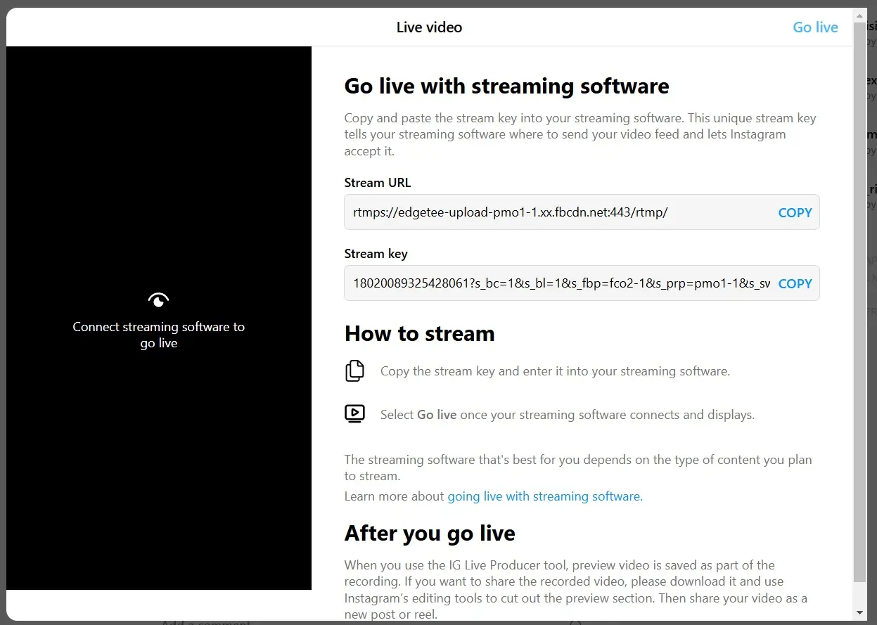go live with streaming software on instagram