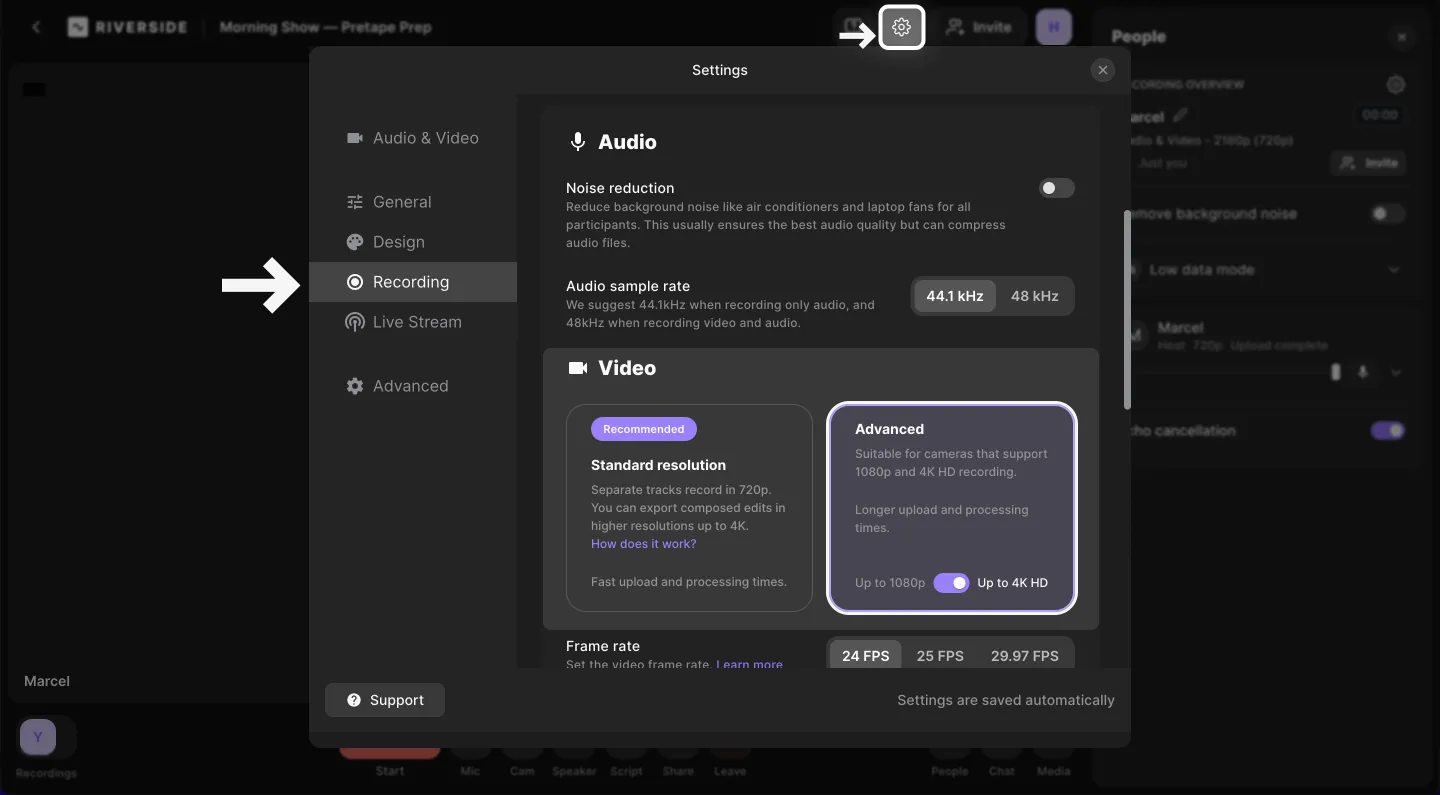 adjusting resolution in riverside studio
