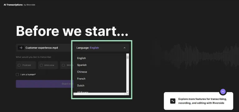 use riverside to create transcriptions in various languages 