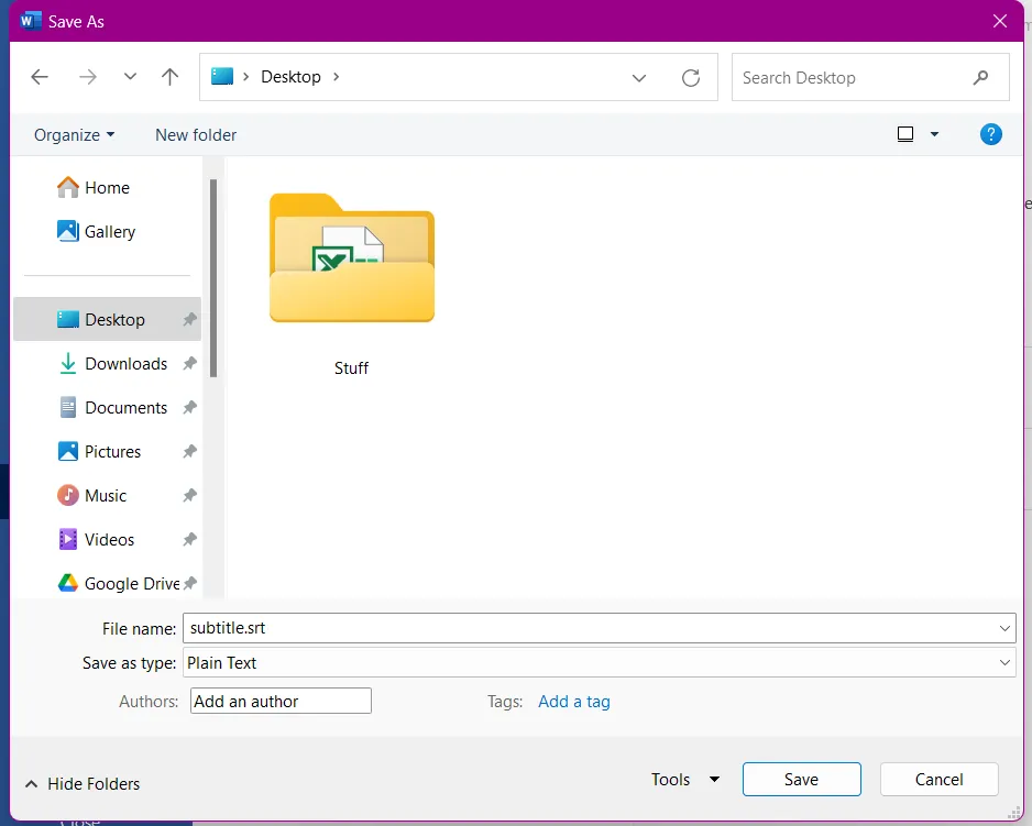 Saving your Word. doc SRT file