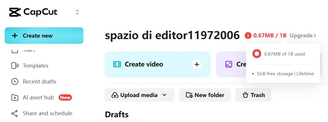 storage available in capcut web