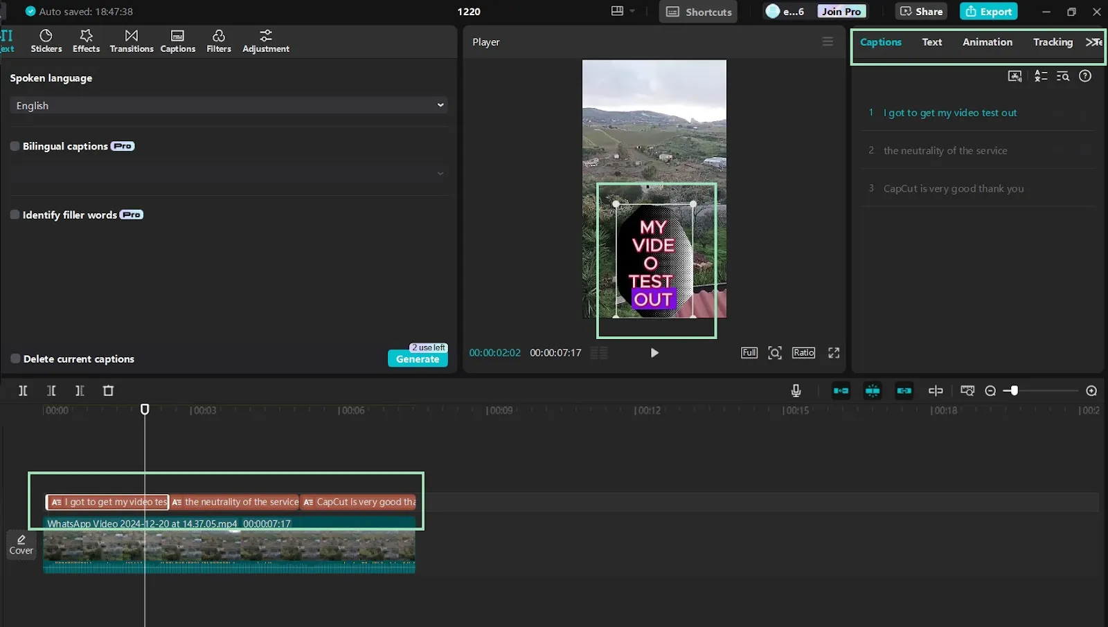 edit caption placement in capcut timeline
