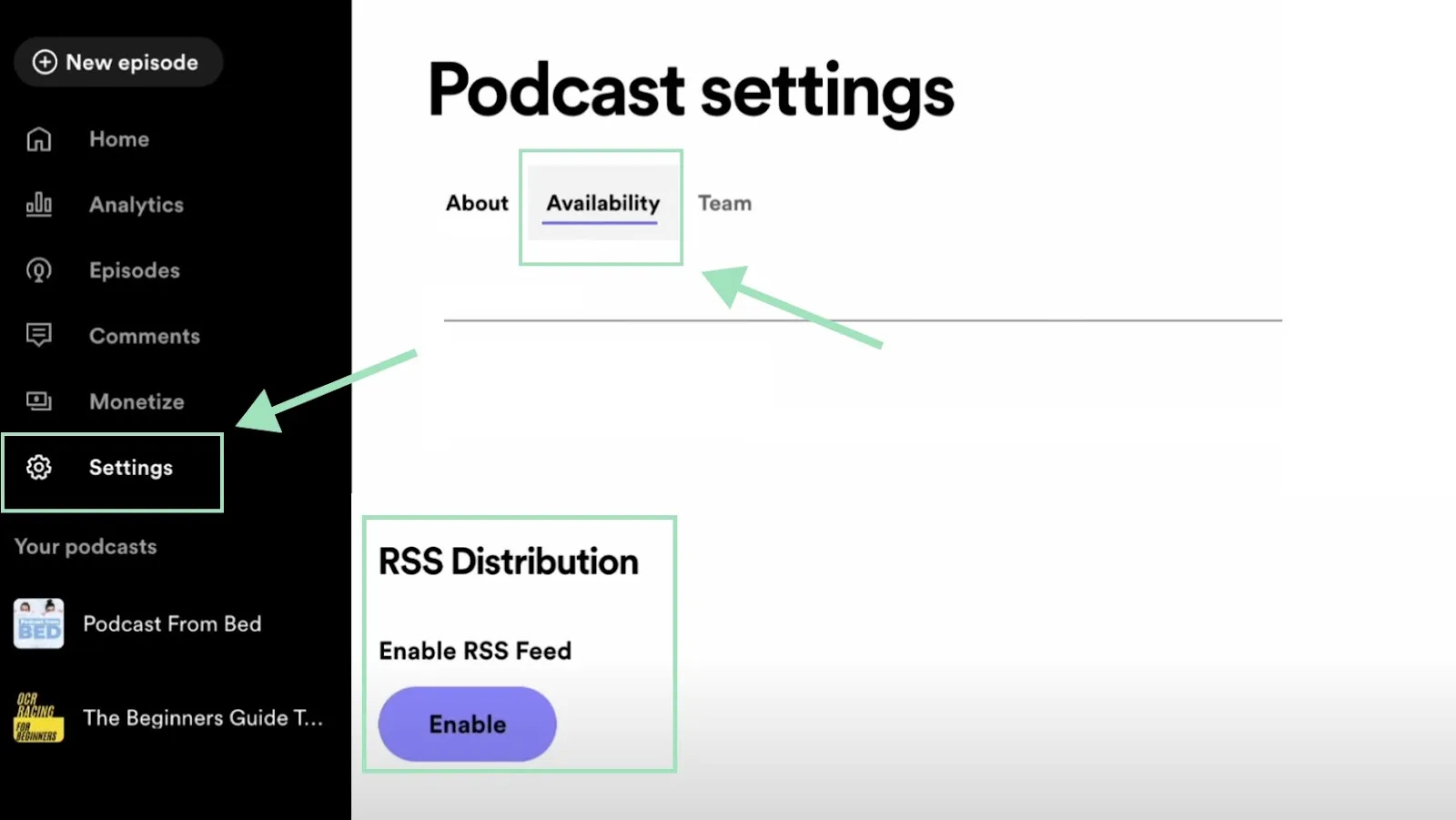 ensure rss feed is turned on in spotify for podcasters 