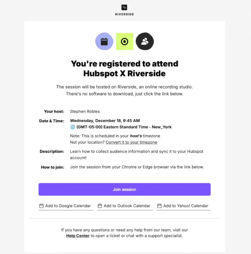 the registration email that your guests will receive from riverside