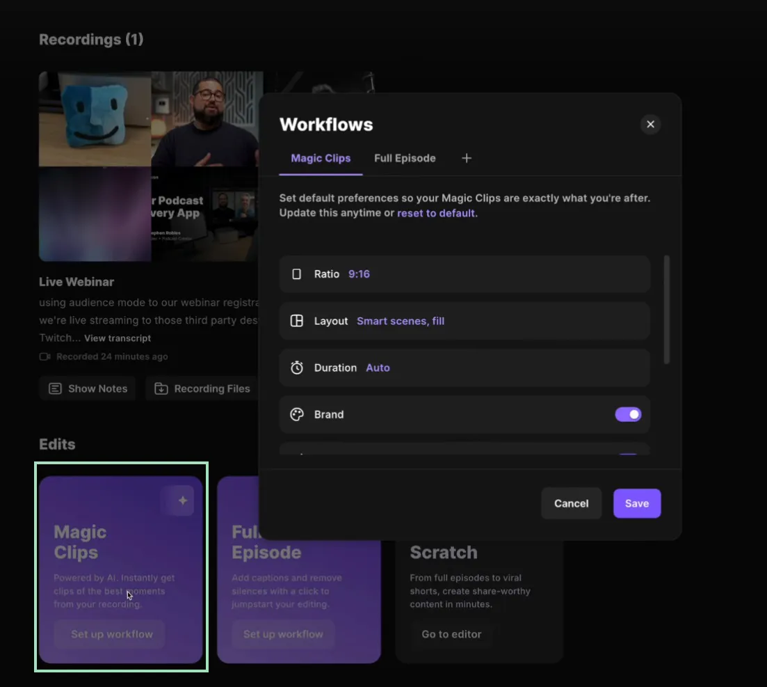 create your riverside magic clips workflow