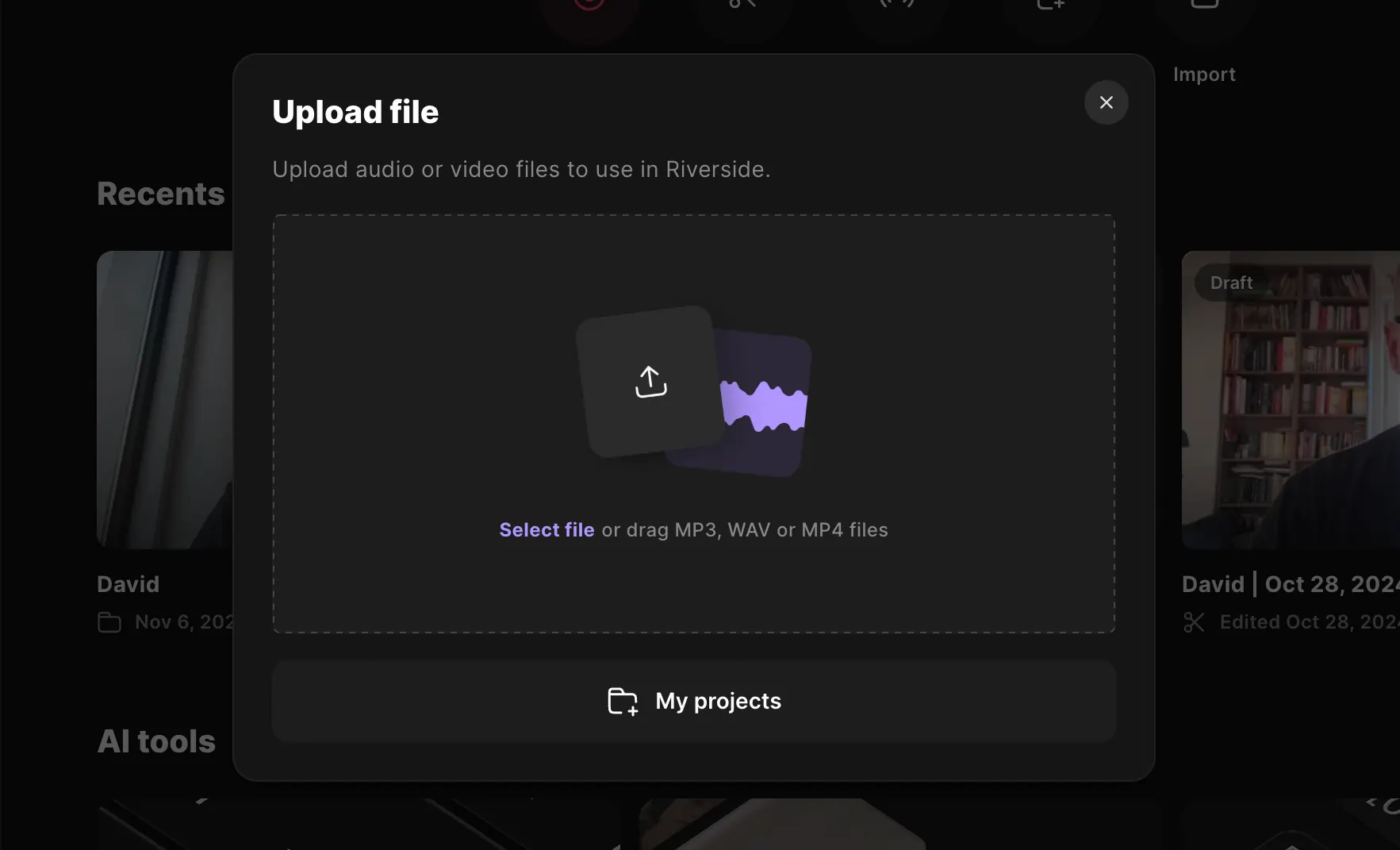 upload a file to riverside to edit