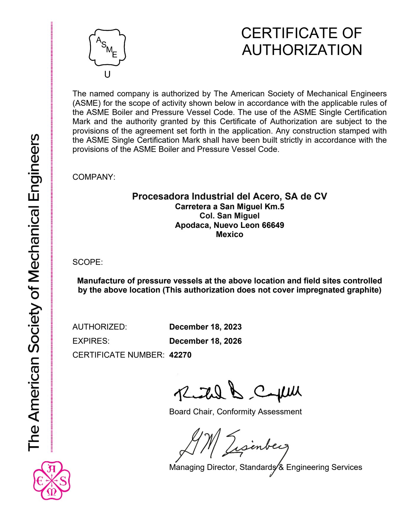 Certificado de autorización ASME U para PIASA
