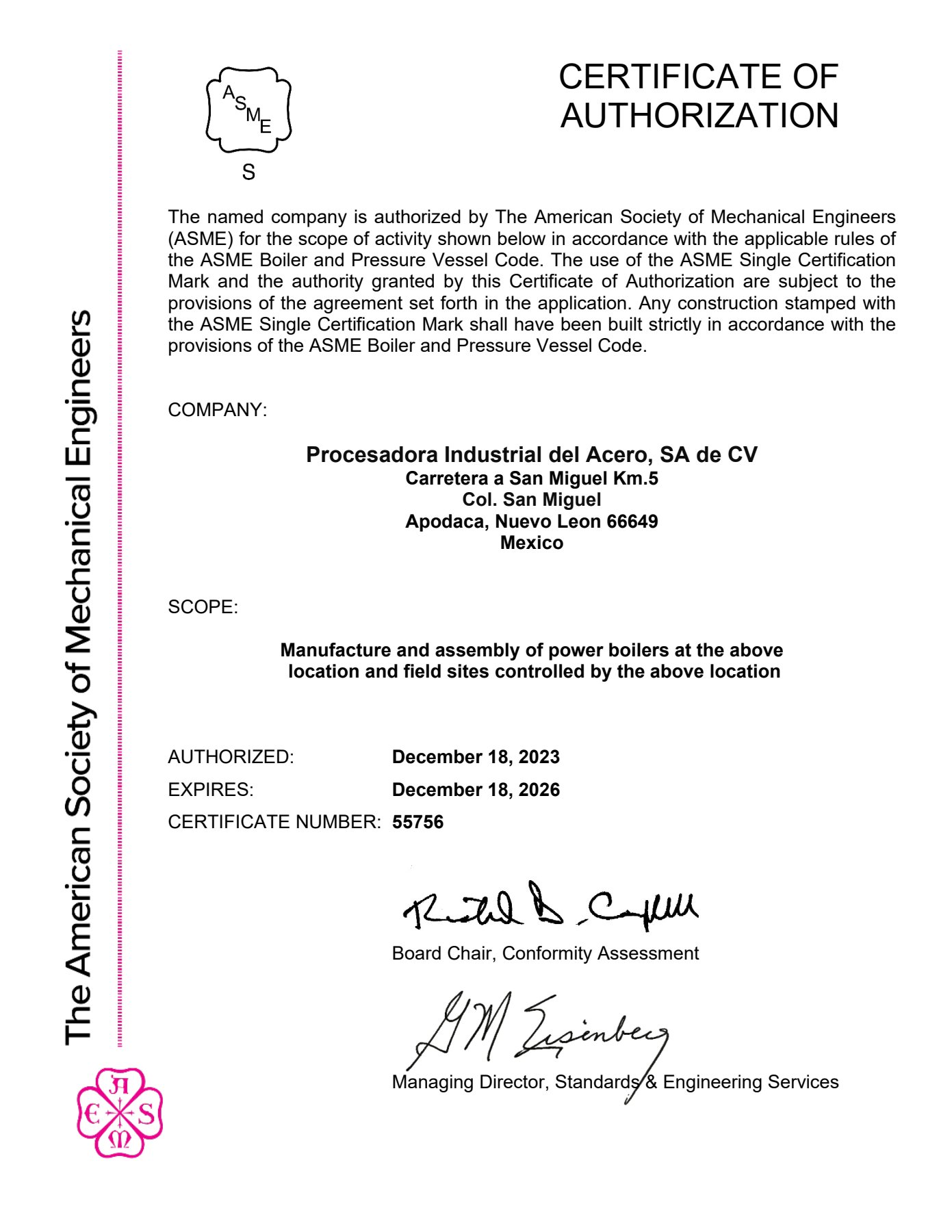 Certificado de autorización ASME S para PIASA