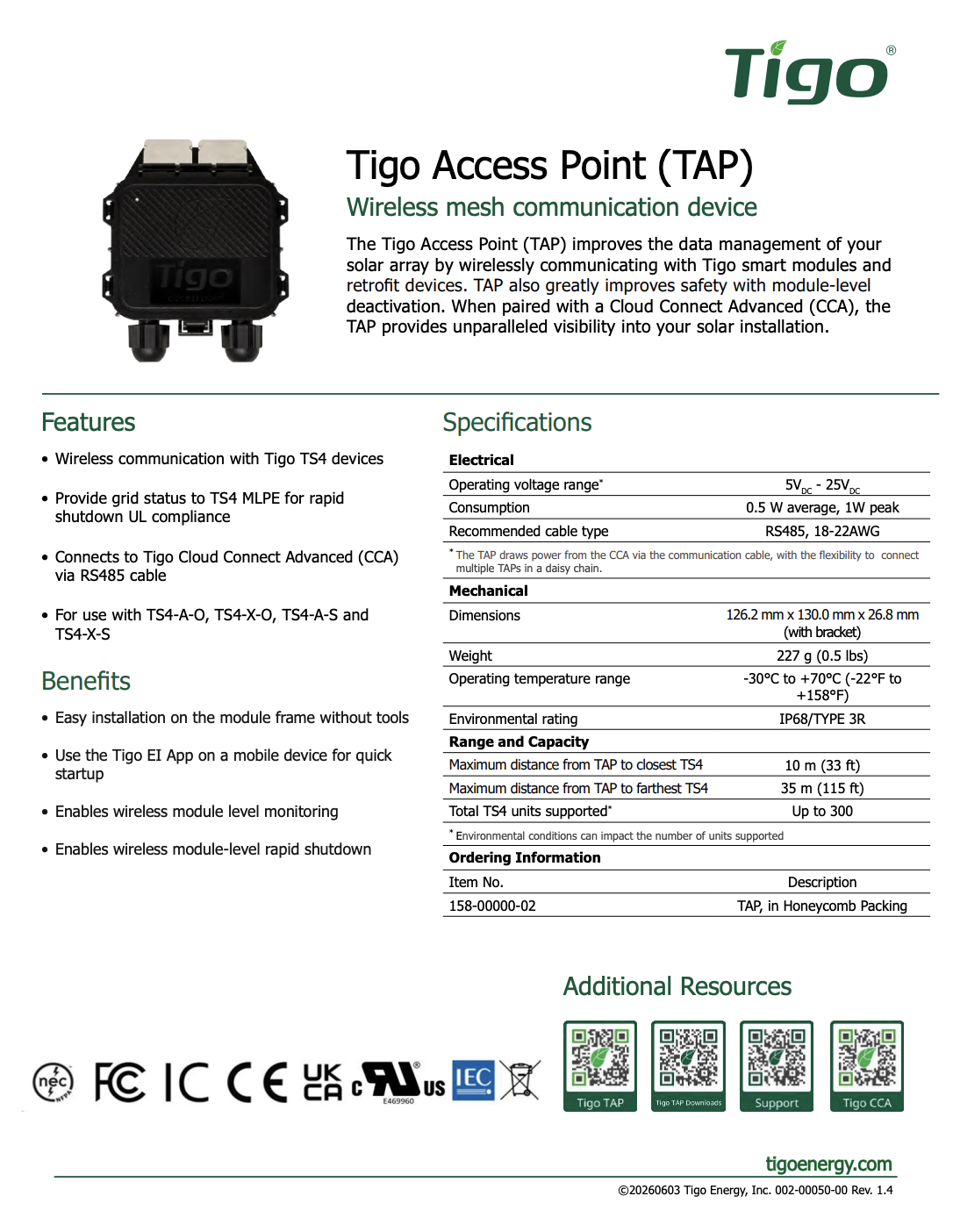อัปเดตข้อมูล: ใบข้อมูลทางเทคนิคของ Tigo Access Point (TAP)