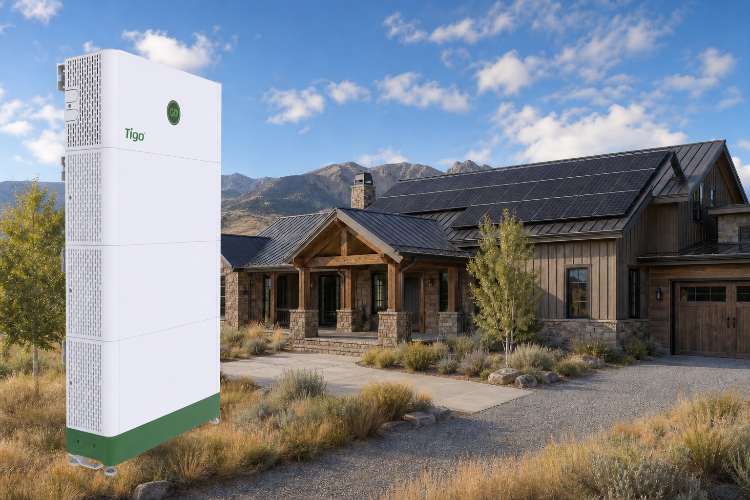 Wyoming home with rooftop solar and a floating Tigo GO Battery (US) product overlay on the left