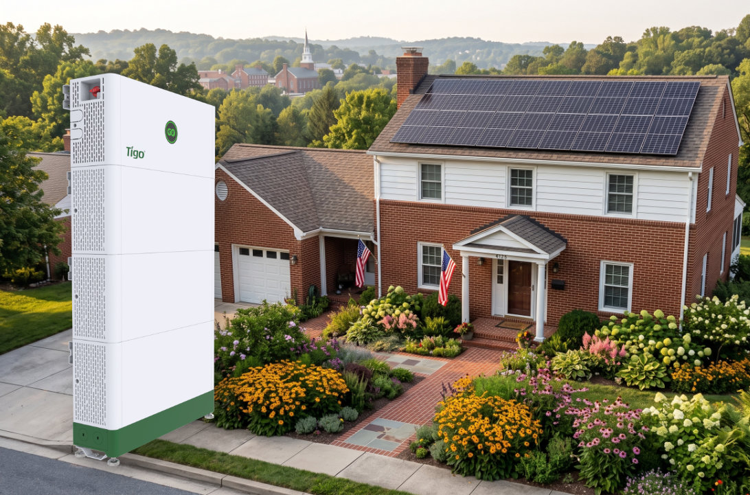 Mid-Atlantic home with rooftop solar and a floating Tigo GO Battery (US) product overlay on the left