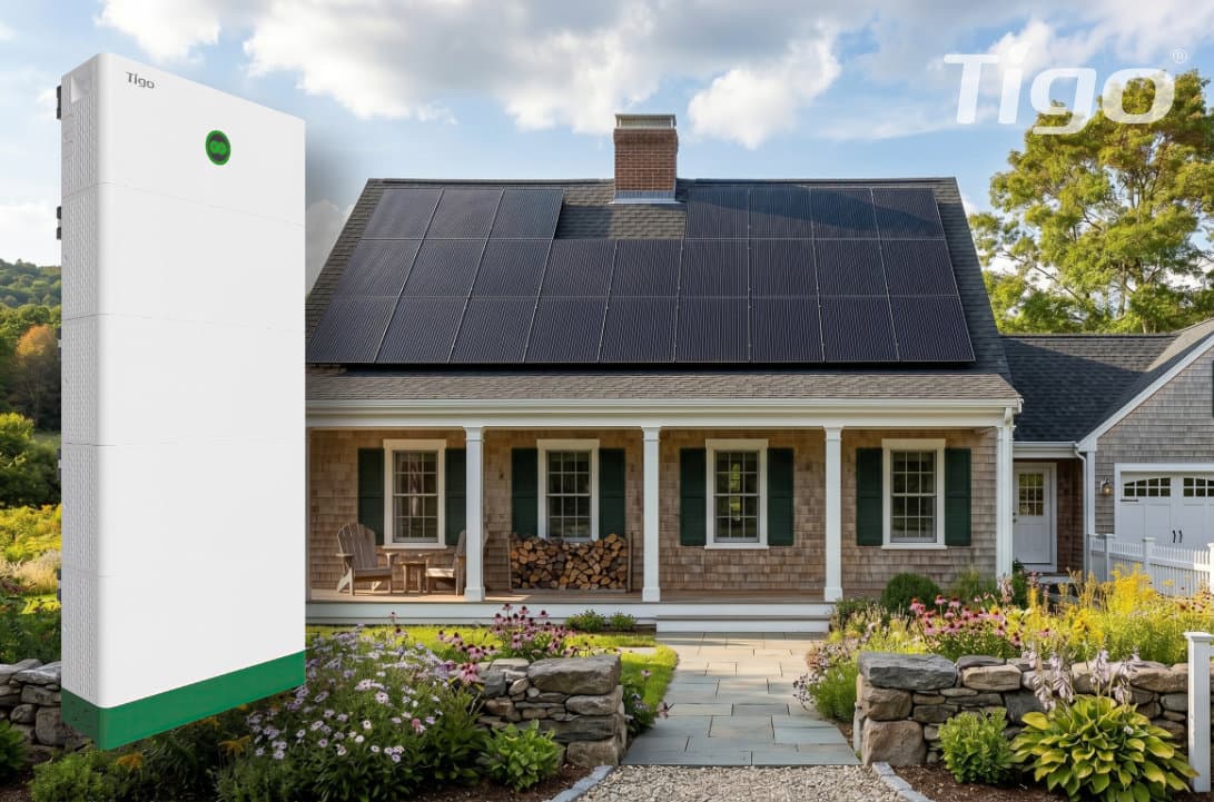 New York home with rooftop solar and a floating Tigo GO Battery (US) product overlay on the left