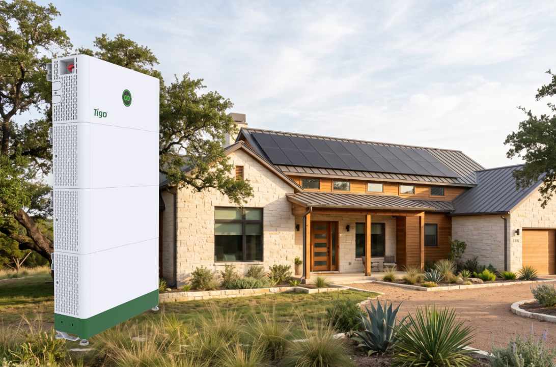 Texas home with rooftop solar and a floating Tigo GO Battery (US) product overlay on the left