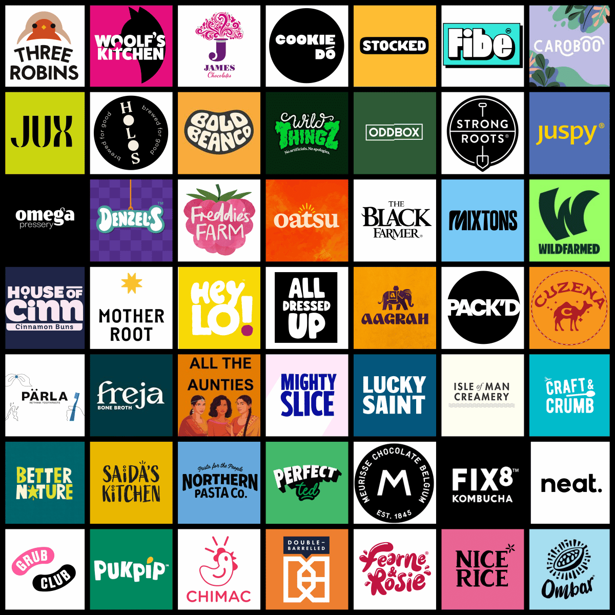 Grid of 42 colorful food and beverage brand logos arranged in six rows and seven columns.