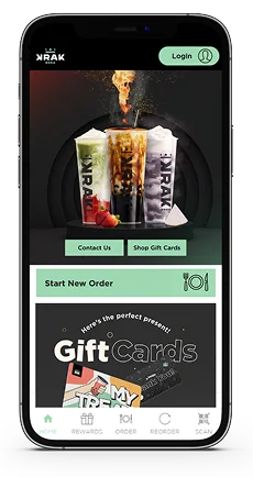 Krak Boba mobile app showing online ordering, rewards, gift cards, and menu options on a smartphone.