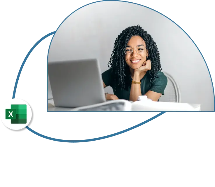 Woman working on a computer with the excel logo floating near