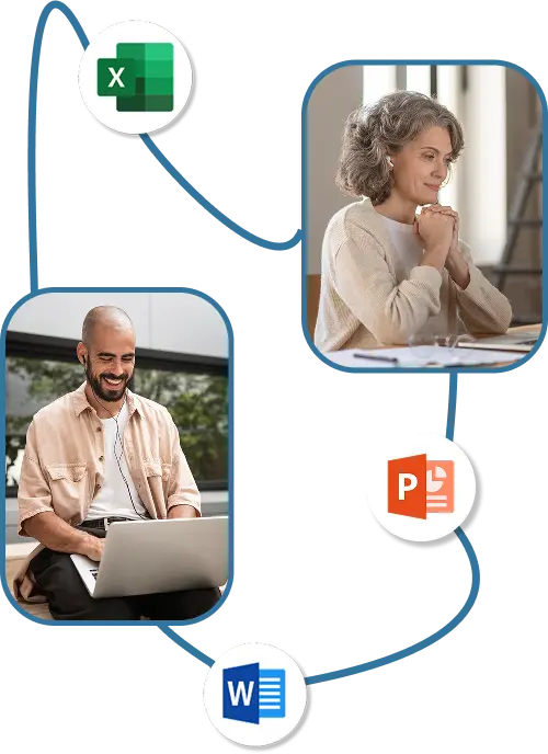 Homme et femme travaillant sur ordinateur avec les icônes de Microsoft Office autour d'eux