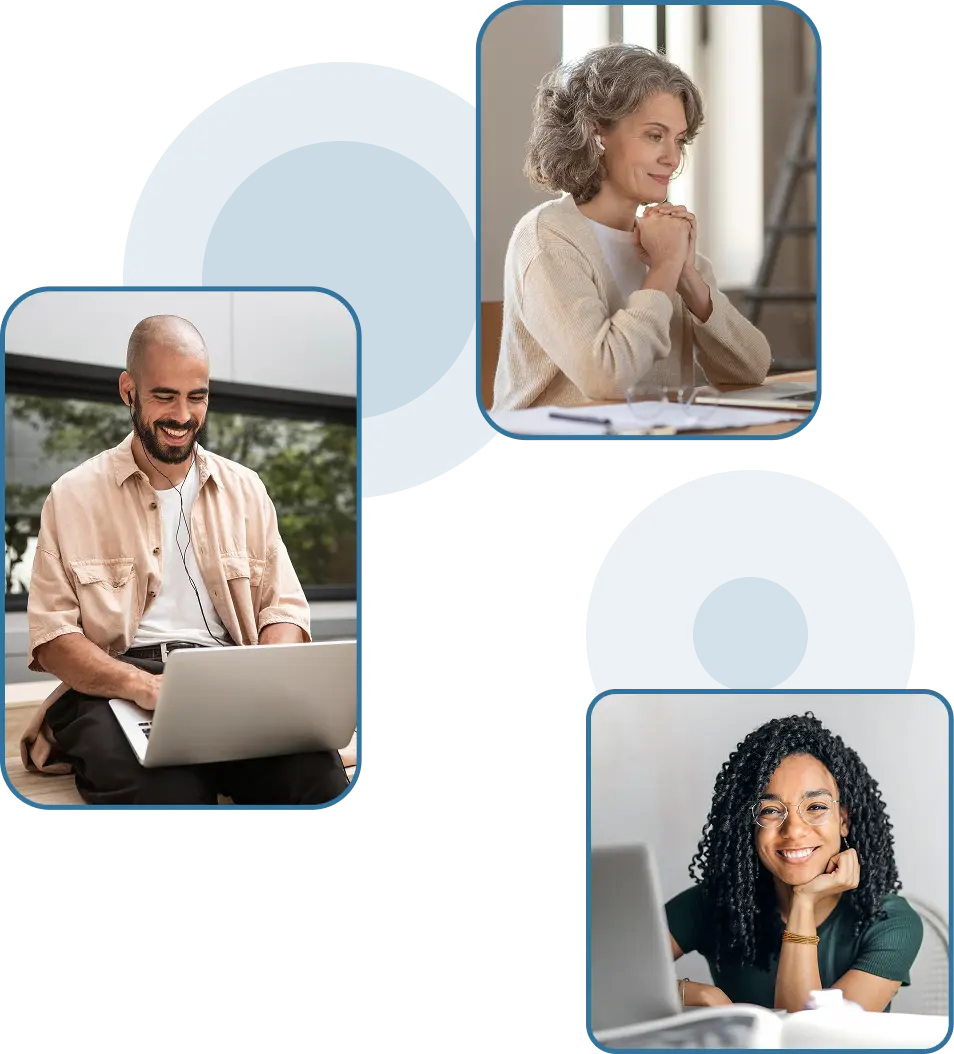 Personnes travaillant sur ordinateurs, avec formes géométriques en arrière plan