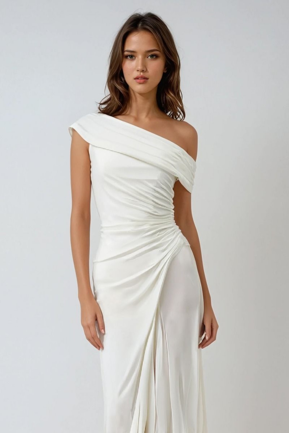 Très belle robe de mariée civile courte, asymétrique à l'épaule et un joli drapé sur la taille et les hanches qui avantagent la silhouette. Robe de mariée petit prix ! De la taille 32 à la taille 46.
