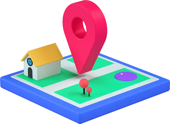 3D map with a house, trees, a pond, and a large red location pin marking a spot.